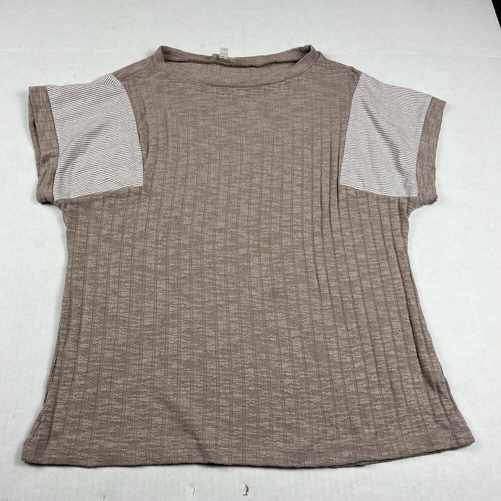 BKE Buckle Ribbed Knit Top Mauve Pink Striped Sleeves Stretch Casual T-Shirt M